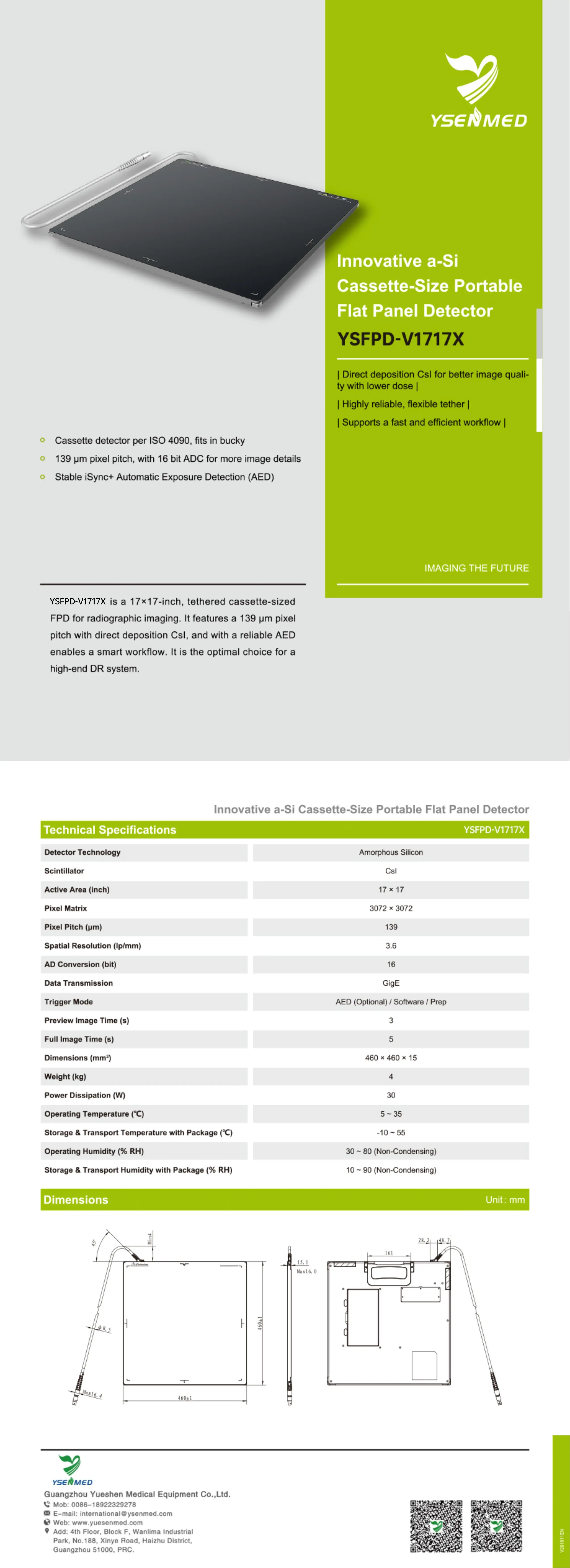 Ysenmed YSFPD-V1717X София Human/Veterinary Diagnostic Radiography Mars 17x17 DR Детектор плоскопанели