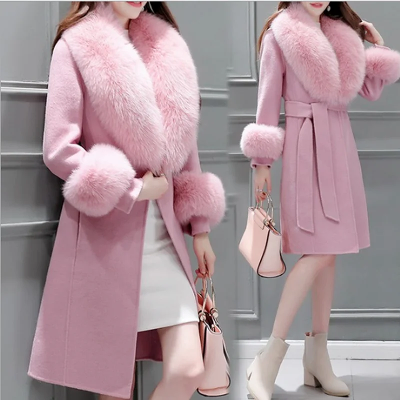 2022 New Winter Slim Long Faux Fur Jacket Women's Fashion Solid Color Mid-length Slim Lace-up Fur Collar Coat Jacket Women Coats