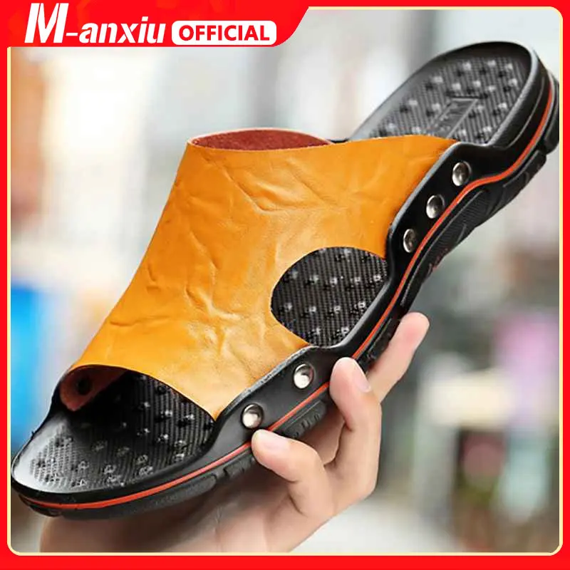 

Leather Slippers Men Big Size 48 47 Slip on Casual Shoes Summer Breathable Outdoor Mens Slides Comfortable Beach Sandals