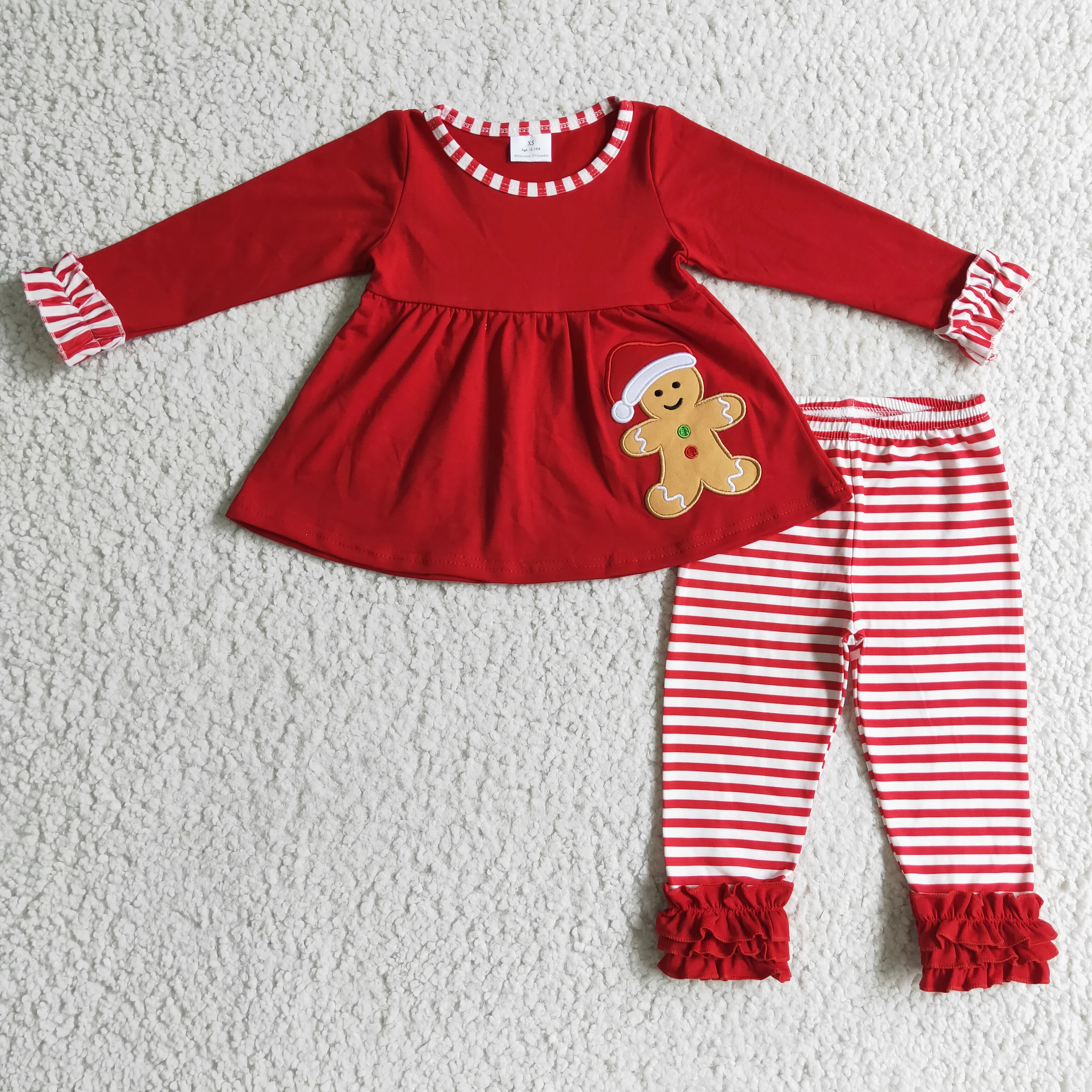 

GLP0296 girl red cotton long sleeve gingerbread embroidery top match stripe icing ruffle straight pants