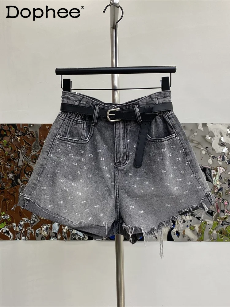 

Korean Style Slim Waist A- Line Shorts Frayed Diamond Contrast Color Pocket High Waist Jeans Shorts Womens Summer Short Pants