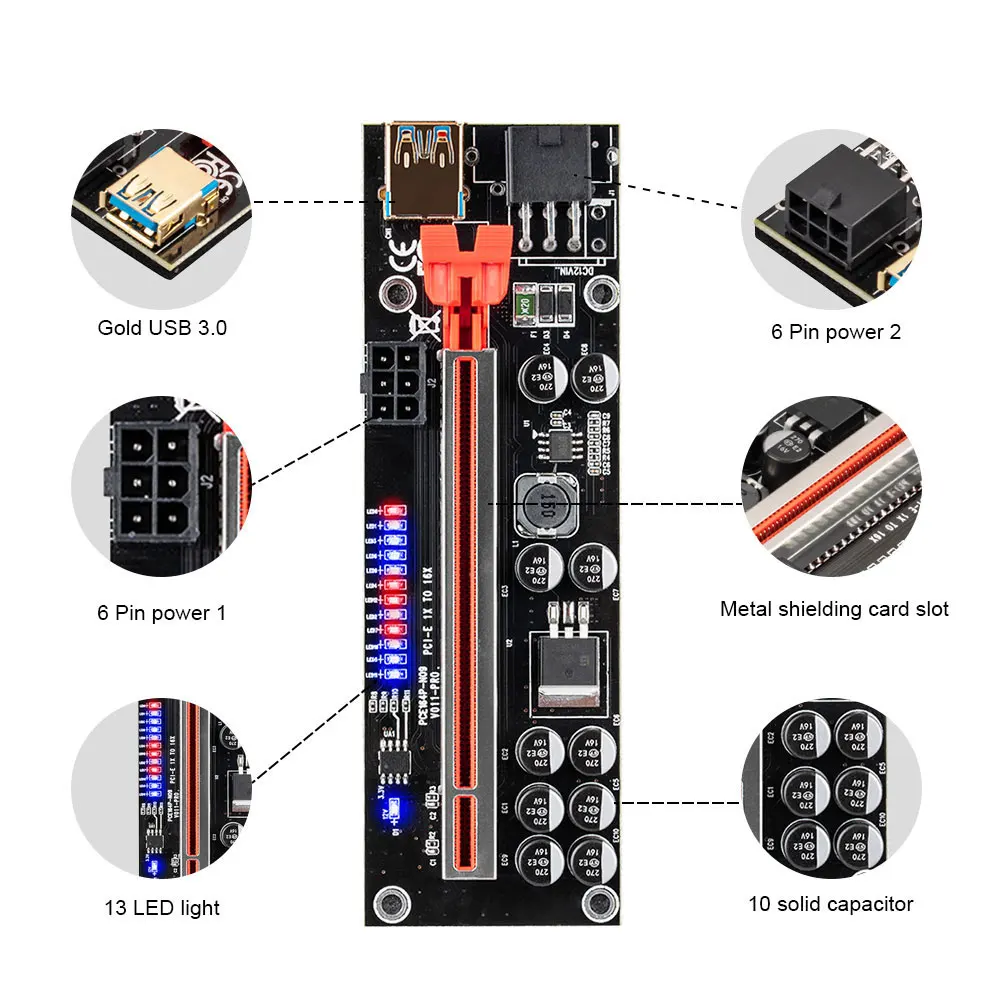 1-10PCS PCIE Riser 011 V011 Pro PCI E Express Card 1X to X16 Cable For Video 6pin Adapter Miner | Компьютеры и офис