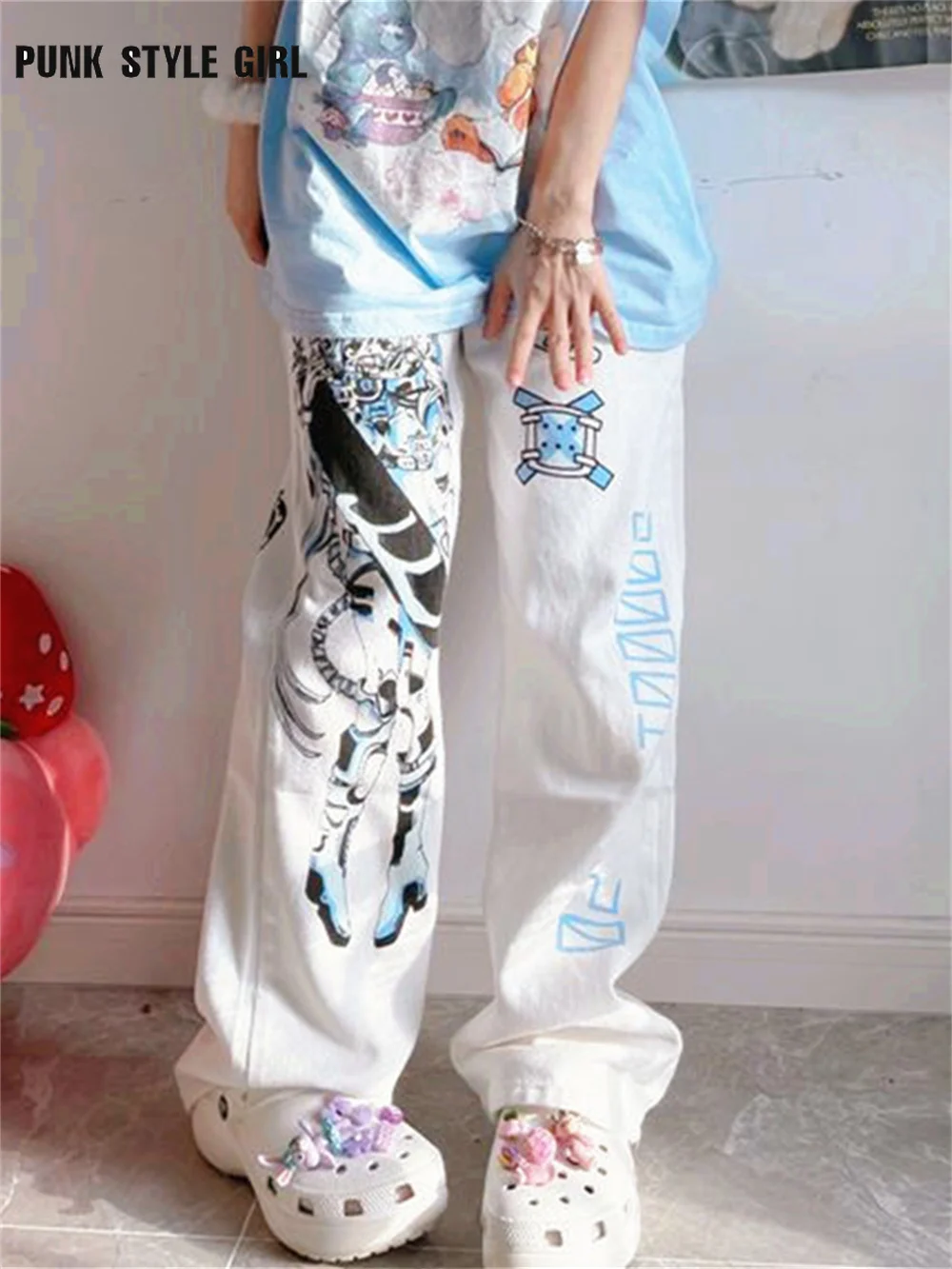 

Anime Y2k Pants Baggy Cargo Kawaii Loose Jeans White Women Summer Cyberpunk Wide Leg Pants Harajuku Print Loose Casual Bottoms