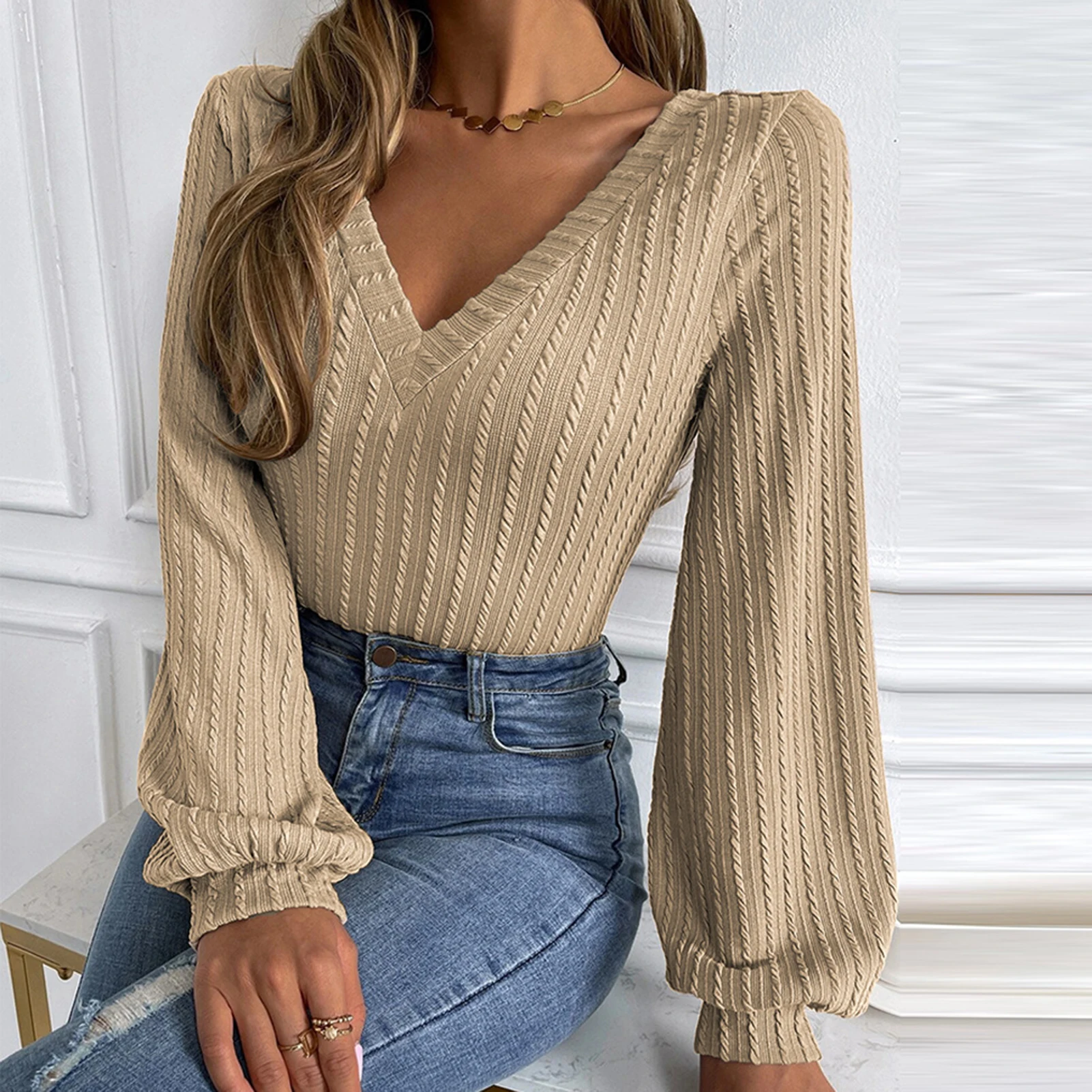 

Women Sweater Women Jumper Knitted Top Solid Pullover Elegant Sweater Women Sweater 2023 Autumn Puff Sleeve Pleated Daily Outfit