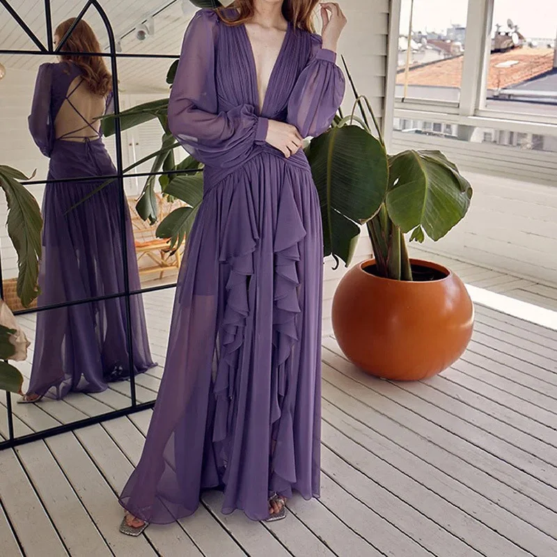 

Fashion Long Sleeve Deep V-neck Hollow Beach Dress Women Sexy Backless Tie-up Ruffle Dress Ladies Casual Solid Loose Dresses New