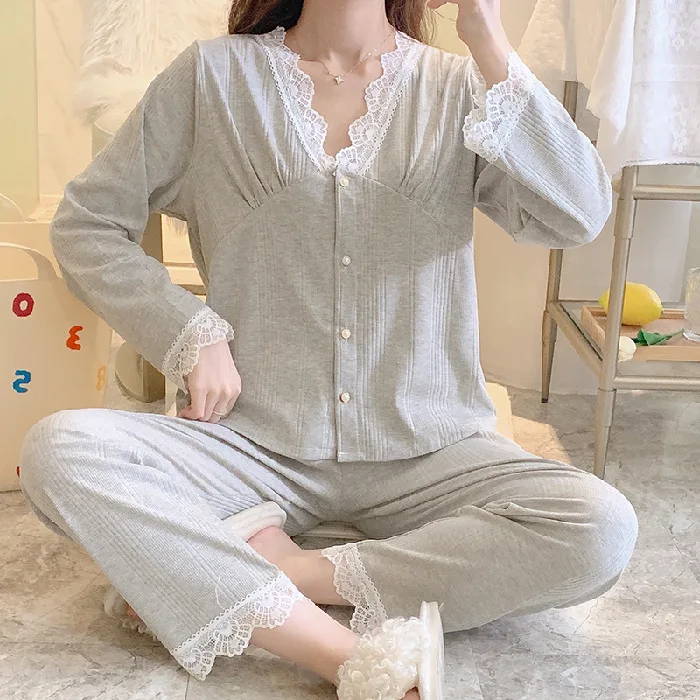 Sexy Pajamas Women's Spring Long Sleeved Cardigan Lace V-neck Fashion Home Clothes Combed Cotton Sleepwear Lady Sleepwear