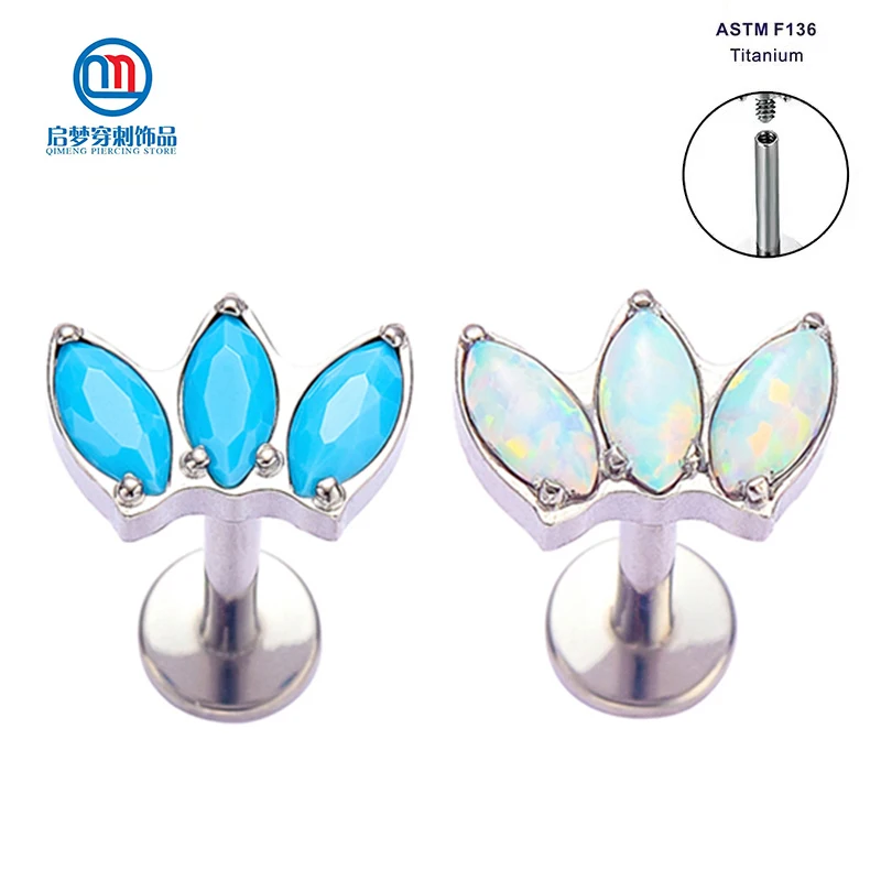 

ASTM F136 Titanium New Product Clover Prong Set Opal Turquoise Marquise Labret Lip Stud Body Threaded Piercing Jewelry