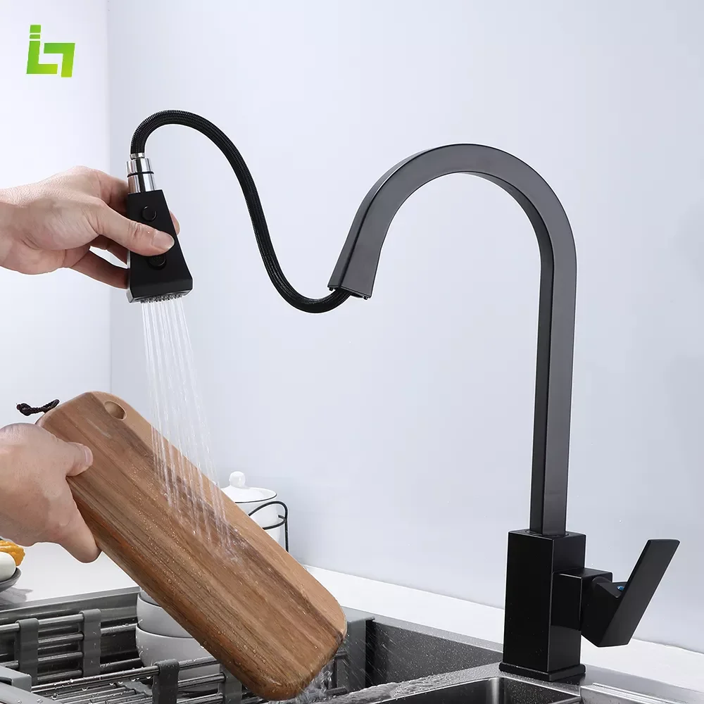 Matte Black Kitchen Faucet Cold and Hot Kitchen Mixer Pull Out Two Function Deck Mounted Tap With Free Hose