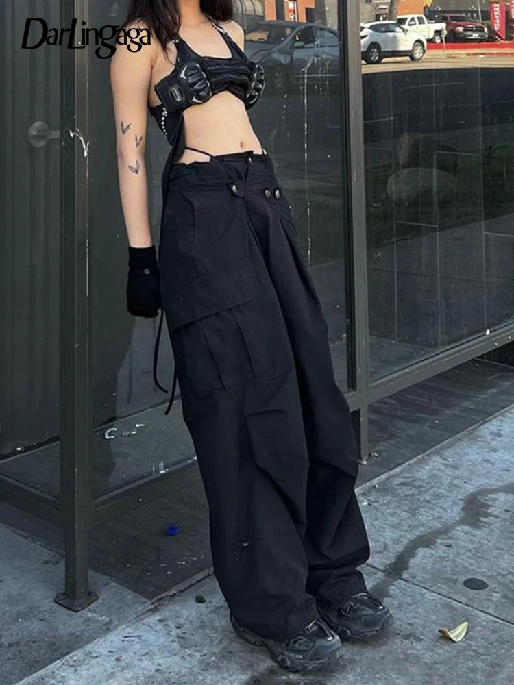 

Darlingaga Streetwear Black Loose Low Waist Cargo Pants Women Pockets Solid Baggy Sweatpants Causal Wide Leg Trousers Drawstring