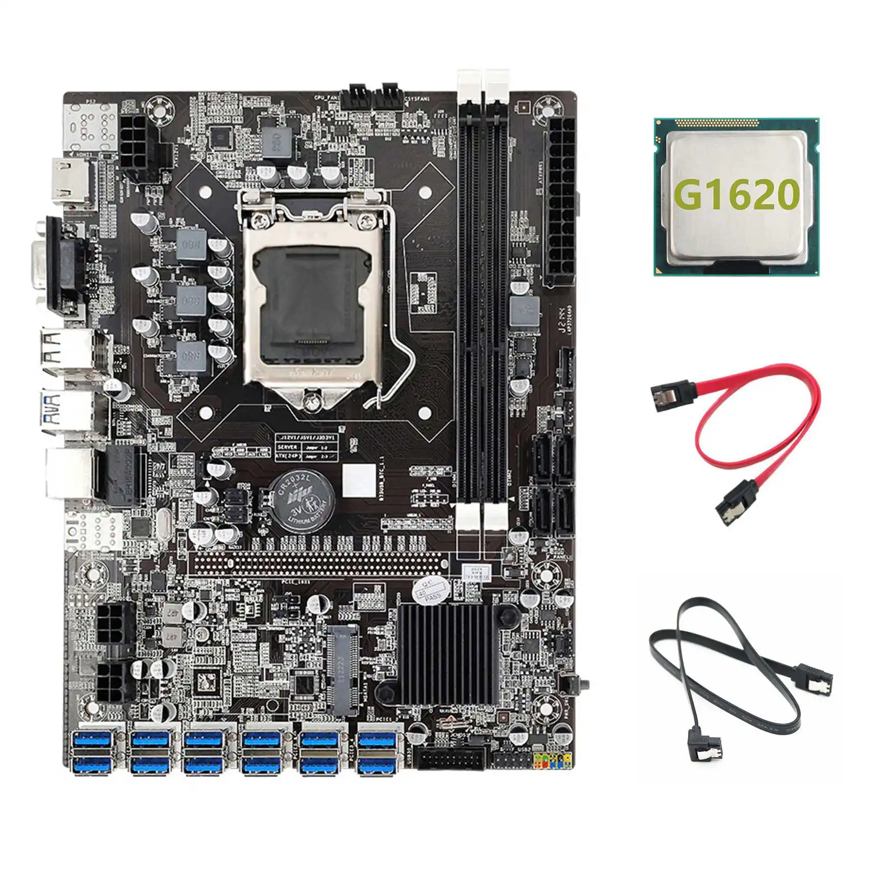 B75 BTC Mining Motherboard+G1620 CPU+2xSATA Cable 12 PCIE to USB3.0 Adapter LGA1155 DDR3 B75 USB ETH Miner Motherboard