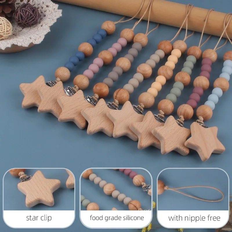 

Pacifier Clips Beech Wood Chew Beads Dummy Chain Holder Cute Soother Chains Nipple Appease Baby Teething Toy Baby Chew