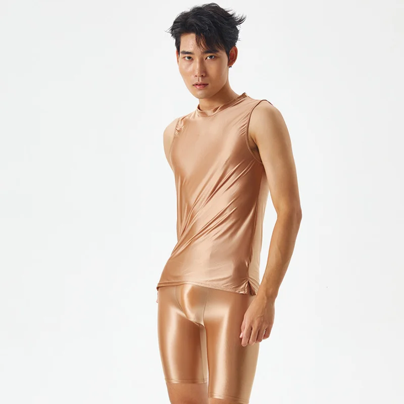 Men's glossy 2 pieces set Sexy silky transparent suit shorts +vest body-building underwear underpants