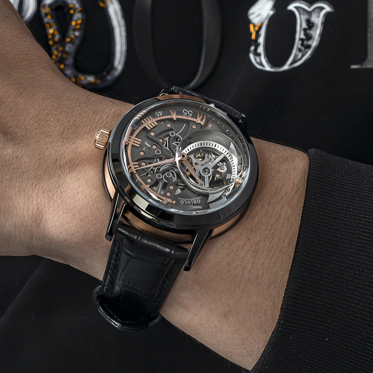 

OBLVLO Retro Casual Men Skeleton Automatic Watch Mechanical Calfskin Strap Mineral Crystal Glass Waterproof Fashion Clock VM