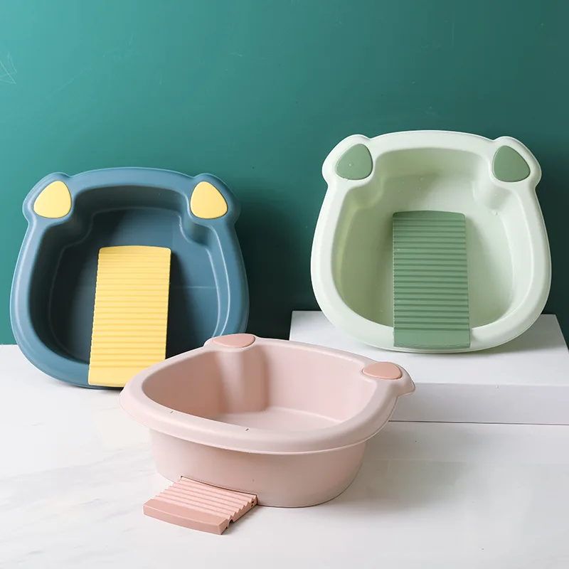 

Household Washbasin with Washboard Laundry Basin Cute Plastic Home Student Dormitory Thickened Washbasin To Wash Clothes