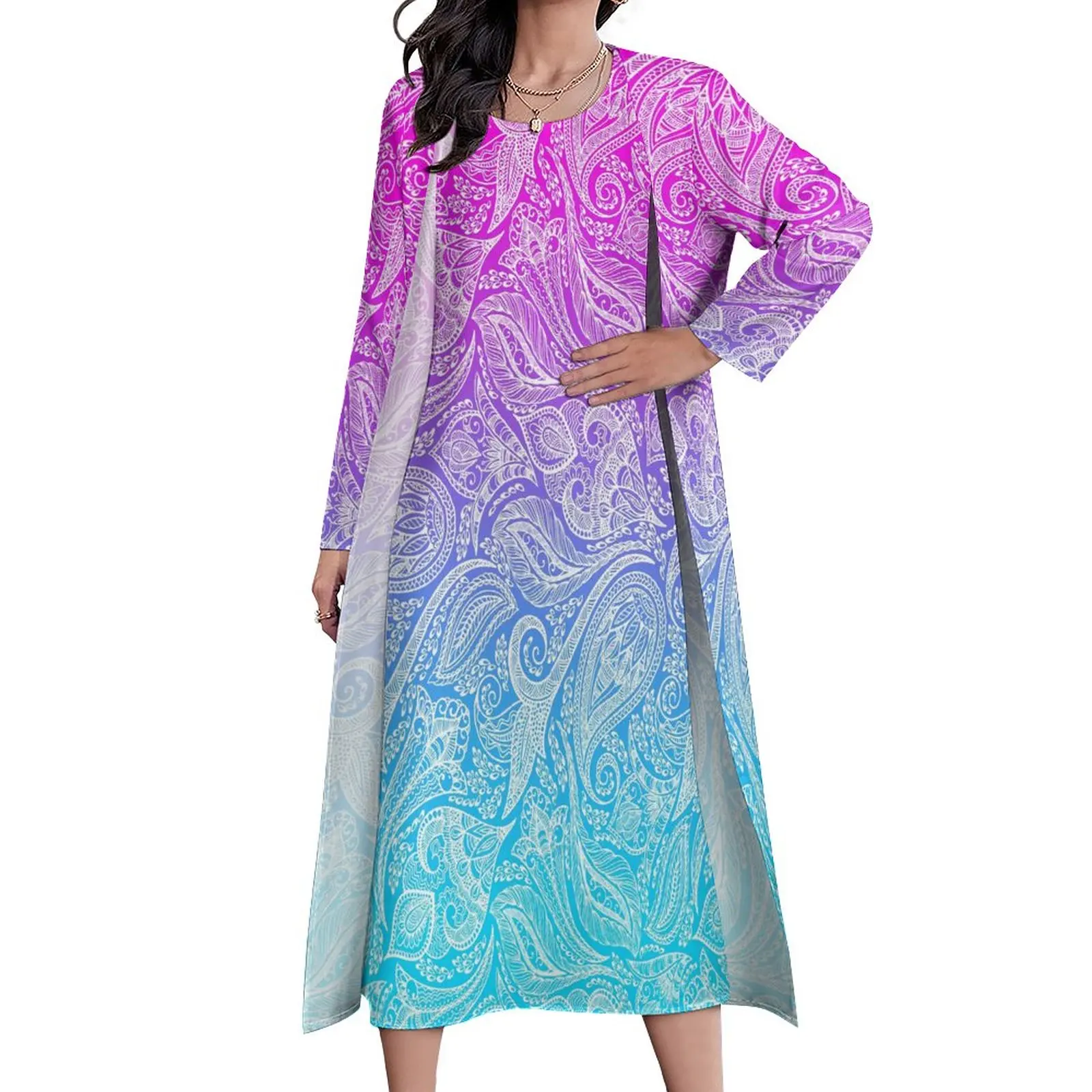 

Женское длинное платье с эффектом омбре, Летнее белое Повседневное платье с цветочным принтом пейсли, большие размеры 5XL