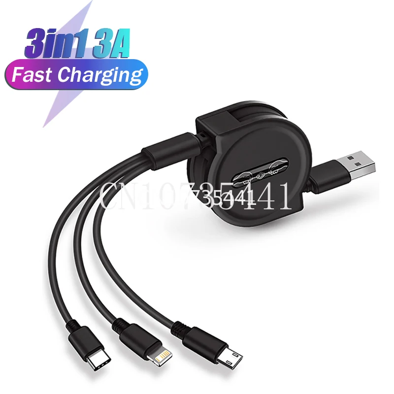 

3 In 1 USB Charge Cable for iPhone 14 13 12 Micro USB Type C Cable Retractable Portable Charging Cable For Xiaomi Huawei Samsung