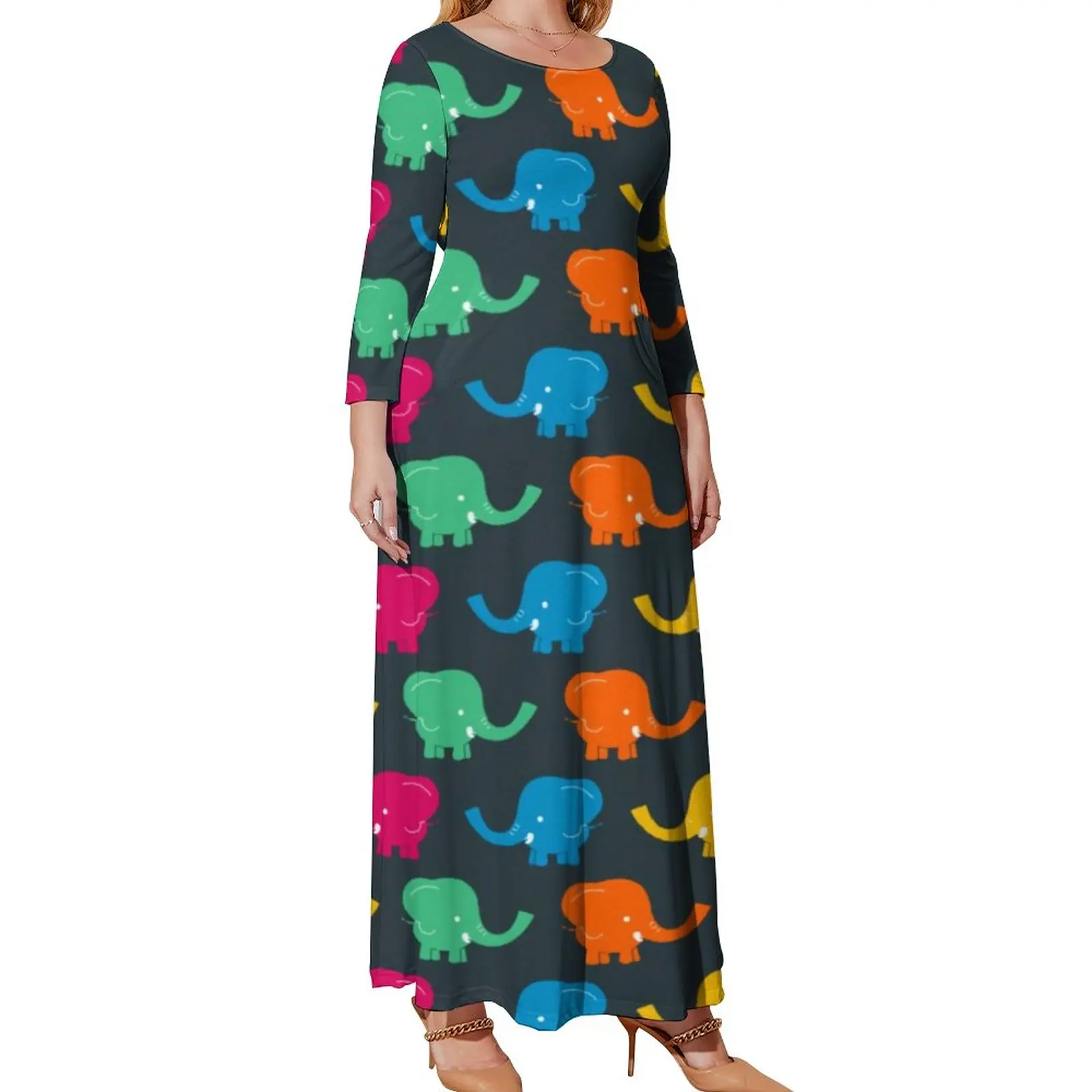 Baby Elephant Dress Long Sleeve Colorful  Animal Print Sexy Maxi Dress Day Street Wear Stylish Beach Long Dresses Plus Size 5XL