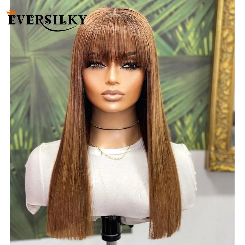 Light Caramel Brown Silky Straight 100% Human Hair Wigs with Bangs Indian Fringe 13x6 Deep Part Lace Front Wigs for Black Women