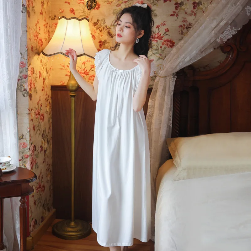 

Summer Women Loose Long Nightdress Sweet Cute Princess Style Nightgown O-Neck Lace Trim Lingerie Home Sleepshirts Clothing M-XL