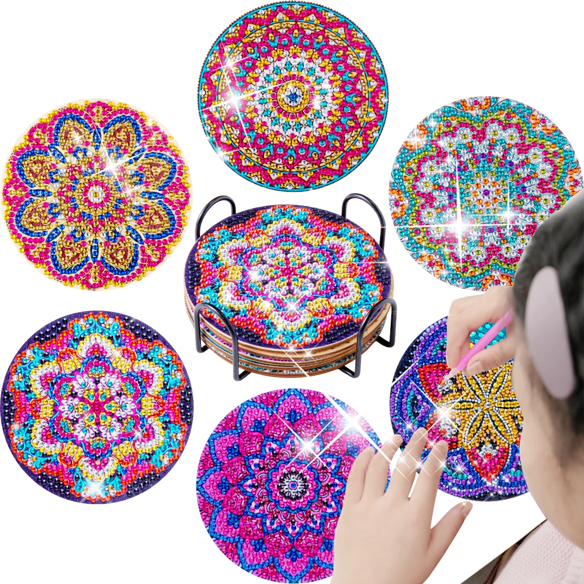

6Pcs/Set DIY Mandala Diamond Painting Coaster Special-Shaped Drill Coaster Cup Cushion with Rack Xmas Gifts Table Placemat Cup