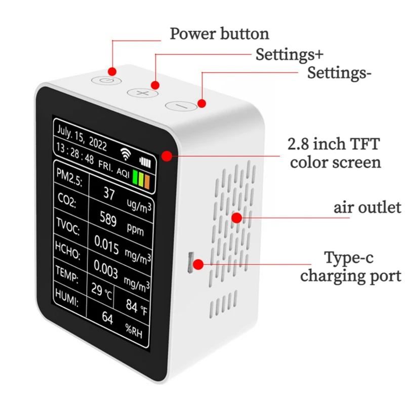 8 In 1 CO2 Meter Digital Temp Humidity Tester Carbon Dioxide PM2.5 TVOC HCHO Detector Wifi Air Quality Monitor