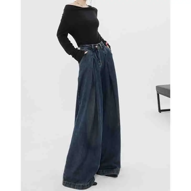 Kohuijoo Vintage Washed Wide Leg Jeans for Women 2023 Autumn Design High Waist Loose Pants Denim Mopping Trousers Streetwear