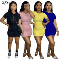 rstylish rib knitted solid color women dresses 2022 casual sexy round neck short sleeve bodycon streetwear mini summer dress