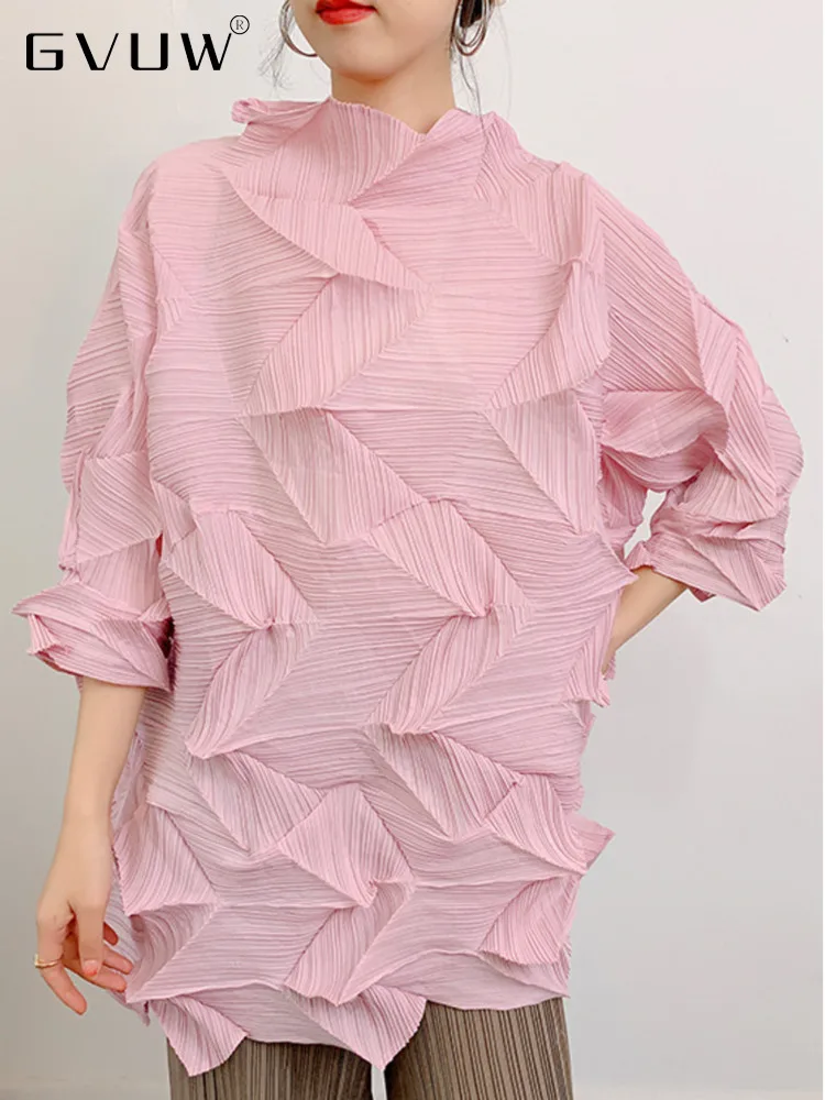 

GVUW Diamonds Pleated T-shirts Women's 2023 Spring Three Quarter Sleeve Loose O-neck Solid Color Female Elegant Clothing 17J0008