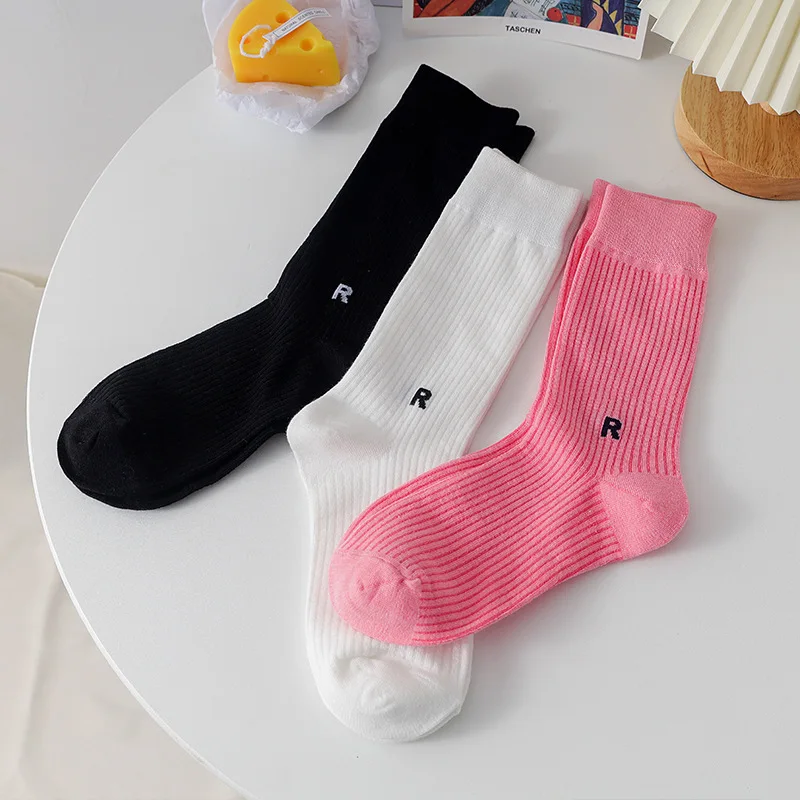 

Women Sports Color Stockings R Letter Korean College Style Solid Color Cotton Socks Ins Tide Fashion High Waist Pile Cool Socks