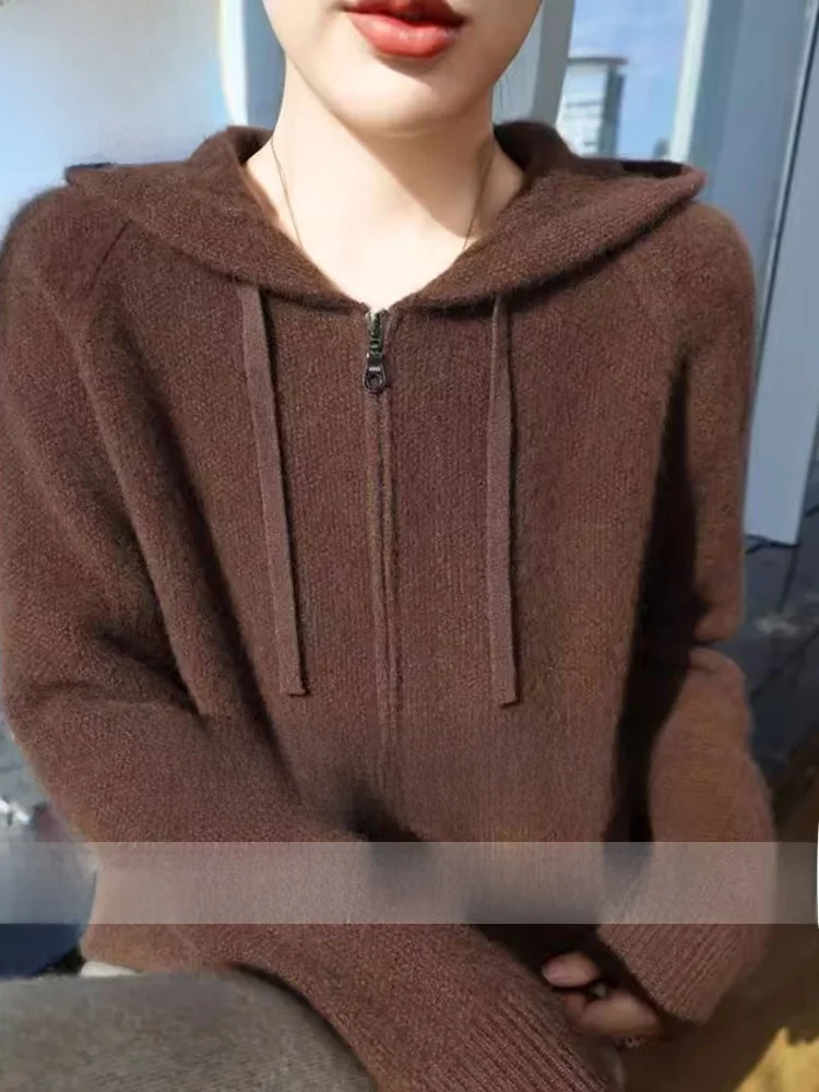 00. Вязаный кардиган на молнии с капюшоном из чистого кашемира. Новая