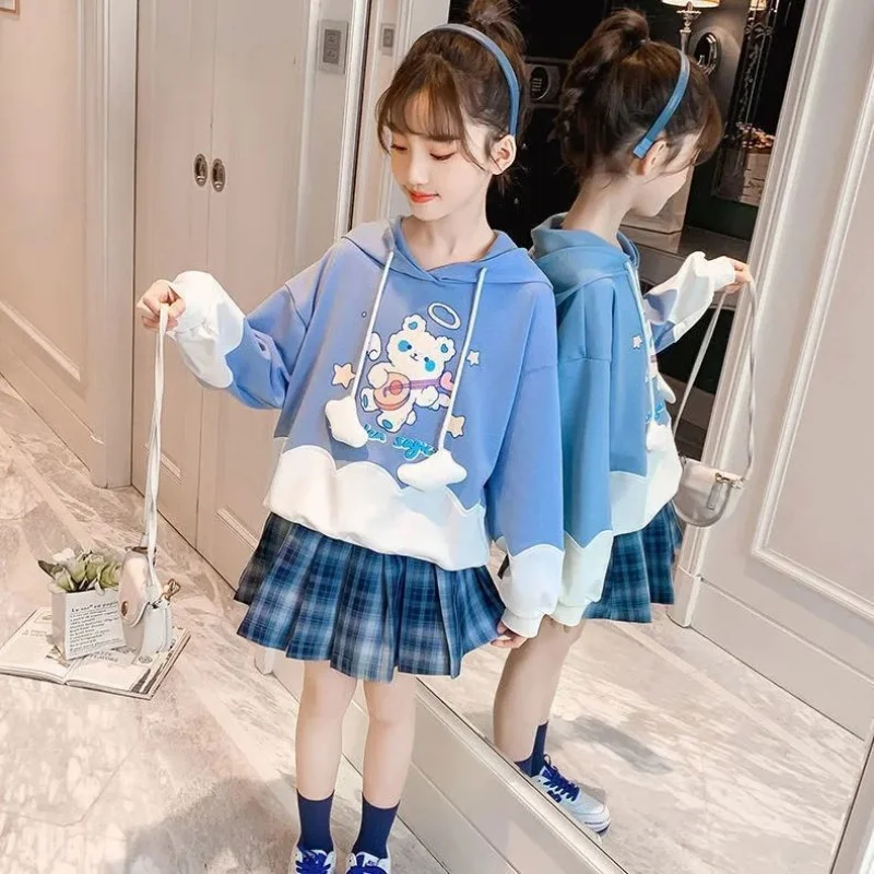 

Girls' Skirt Suit Spring and Autumn 2023 New Children's Student JK Suit Skirt Printed Sweater Plaid Pleated Skirt 2-piece Set