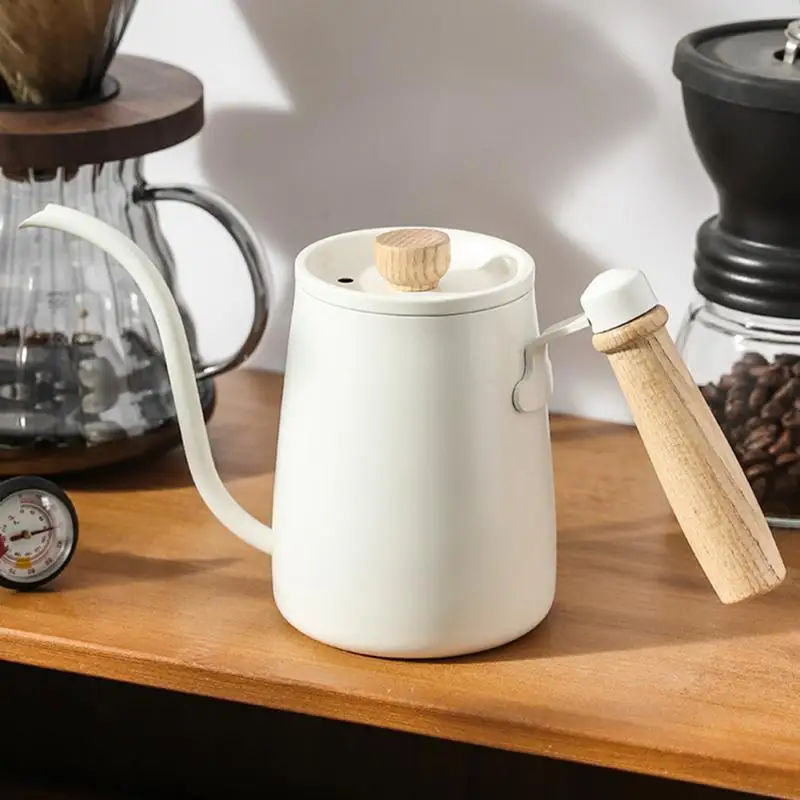 

600ml Manual Coffee Pot With Wood Handle Stainless Steel Long Mouth Hand Coffeemaker Dripper Kitchen Appliance Supplies Dropship
