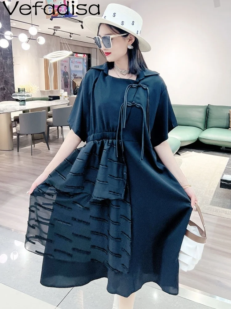 

Vefadisa2023 Summer Women Dress Black Square Neck Short Sleeve Skirt Loose Fashion Personalized Trendy Girl Spliced Dress ZY1402