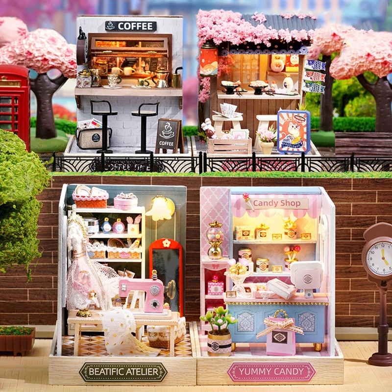 

Mini Wooden Dollhouse Sakura Candy Studio Shop Miniature Furniture Kit Doll Houses DIY Assemble Toys Child Girl Adult Gift Casa