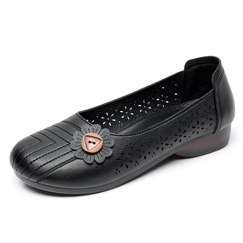 Hollow-out Leather Women Loafers Summer Breathable Ballet Flat Shoes Ballerina Moccasins Slip on Casual Round Toe Woman Flats