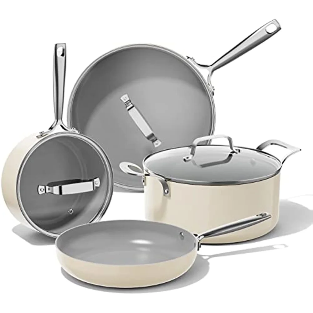 

Набор керамической посуды, набор белых антипригарных кастрюль и сковородок, 7 кухонных индукционных наборов, не содержит ПТФЭ и ПФО, безопасен для духовки