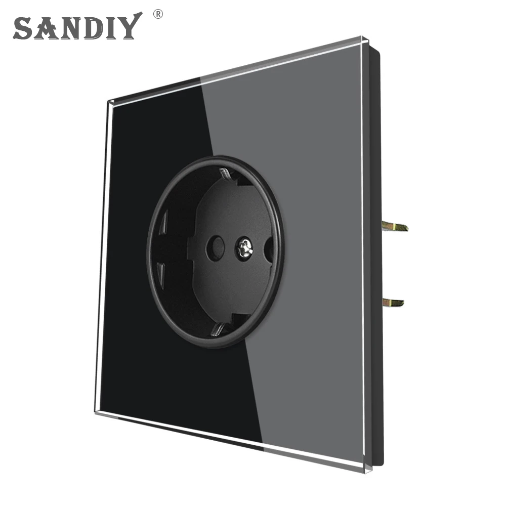 

SANDIY 15a 220v Universal Tempered Glass Panel Sockets Multi Plug Wall Power Socket Black Plug Extension Metal Frame Eu Standard
