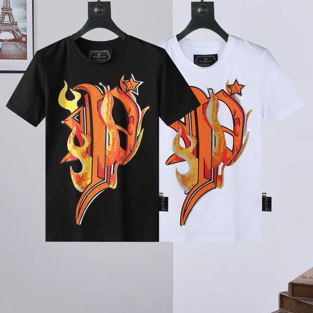 

New Printed QP-philipp Men Skull T-Shirt Pattern Crew Neck Plein Hip Hop Street Sportswear Male Rhinestone Tshirt Cotton Tops
