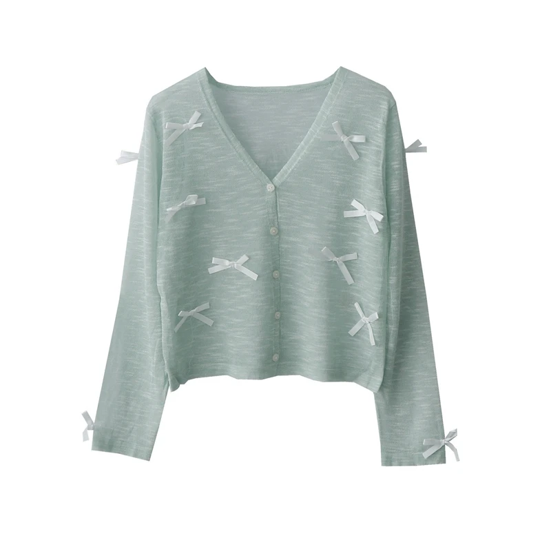 Милый шикарный тонкий вязаный кардиган с бантом женские летние облегающие