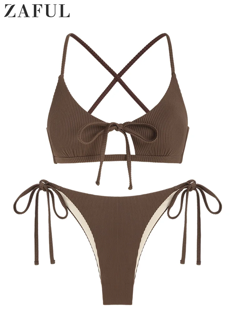 

ZAFUL Women's Lace Up Bikini Set Beach Swimsuit Cutout Adjustable Strap String Top With Tie Side Bottom Ribbed Textured Swimwear