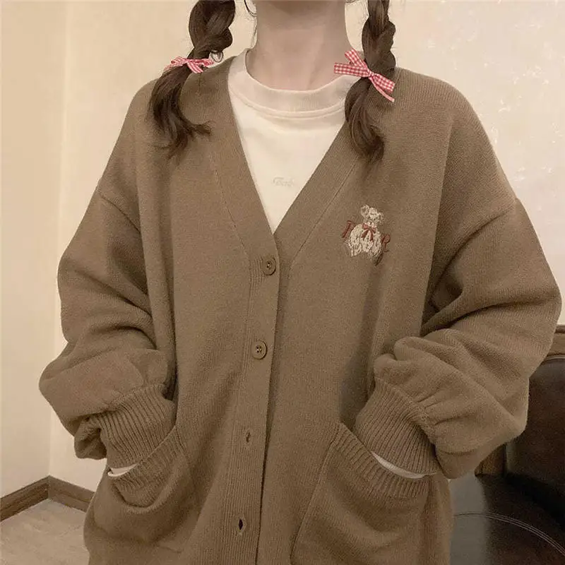 

Japan Style Kawaii Bear Sweater Cute Cardigan for Women Embroidery Vintage Knitwear Korean Winter 2022 Long Sleeve Top