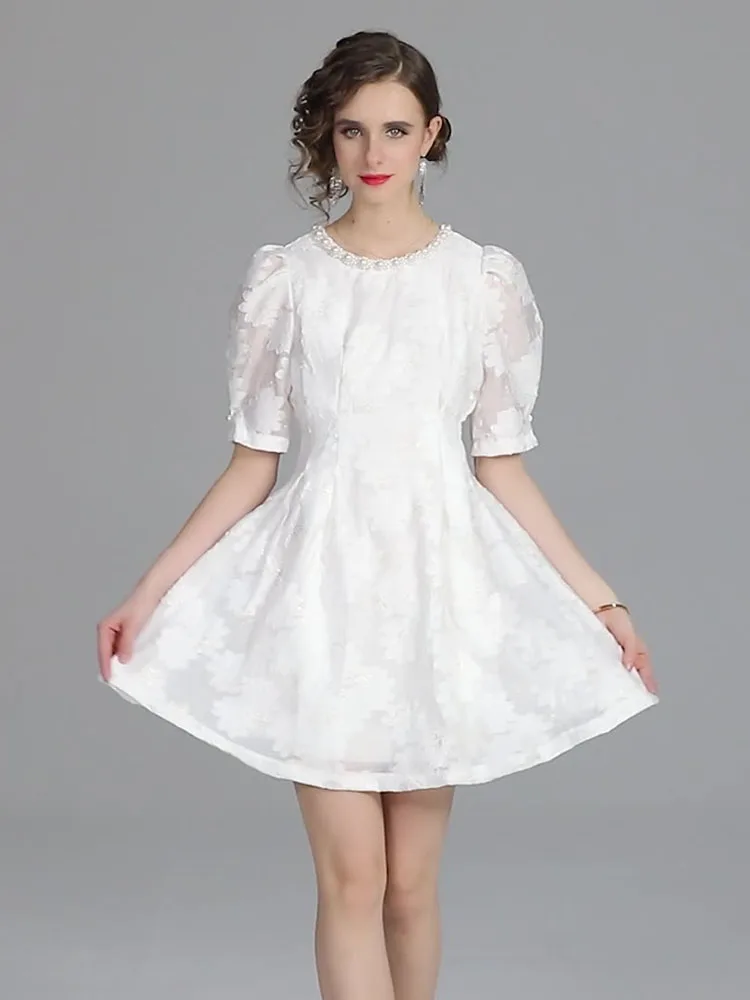 

2022 Summer Women's Dress Fashion Short Sleeve Round Neck High Waist Fashion Lace Comfortable Dress B112