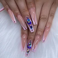 24pcs luxury rhinestone pink french tip trendy y2k baddie elegant nail art long coffin press on acrylic glue on fake nails