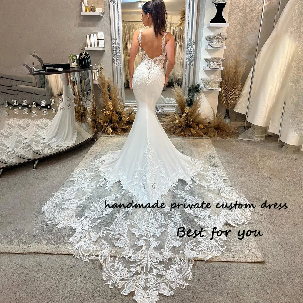 

White Mermaid Wedding Dresses for Bride Lace Appliques Satin Bodycon Beach Bride Dress Backless V Neck Boho Wedding Gowns