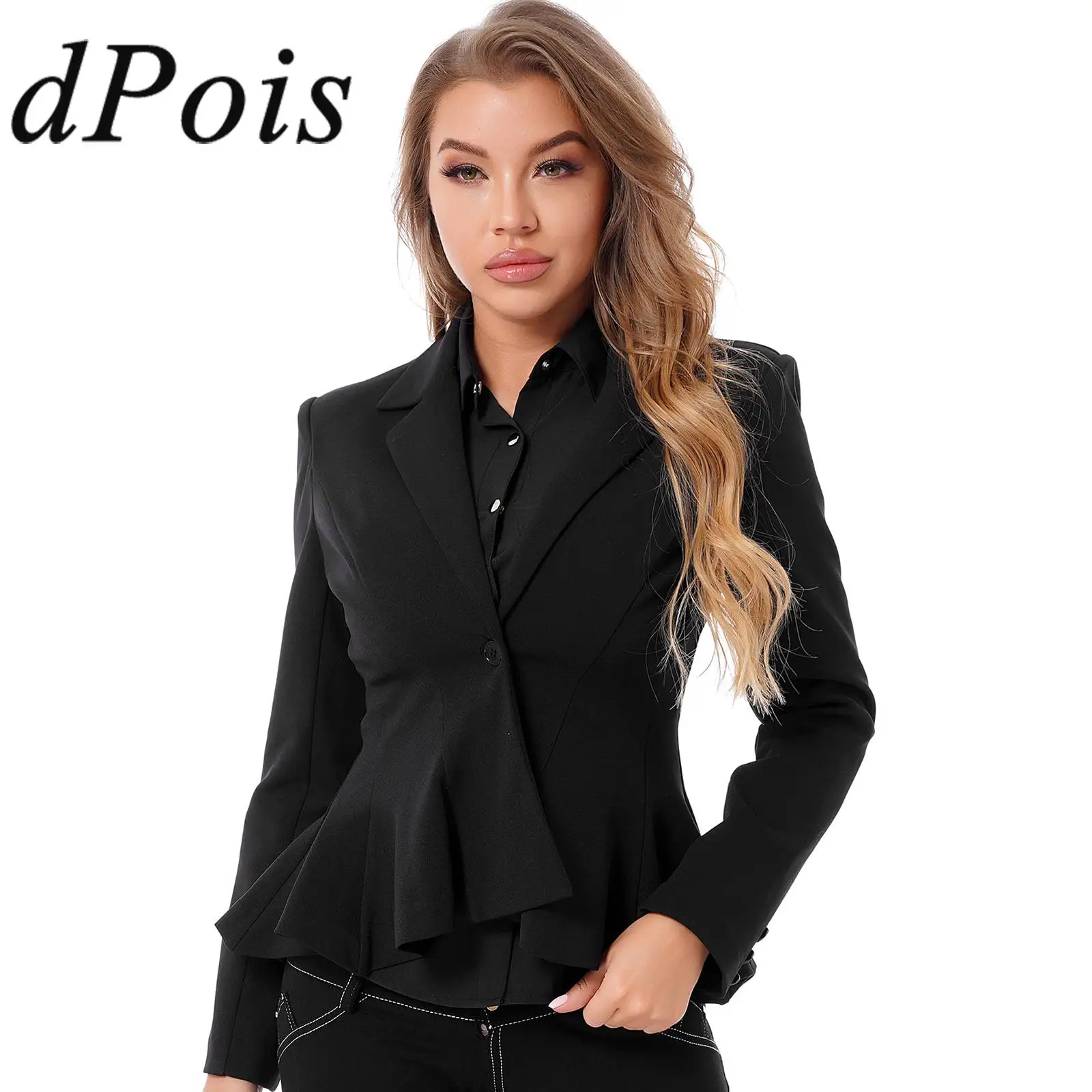 

Womens Office Ladies Blazer Solid Blazer OL Style Elegant Long Sleeve Single-Button Hi-Lo Peplum Outerwear Business Suits Jacket