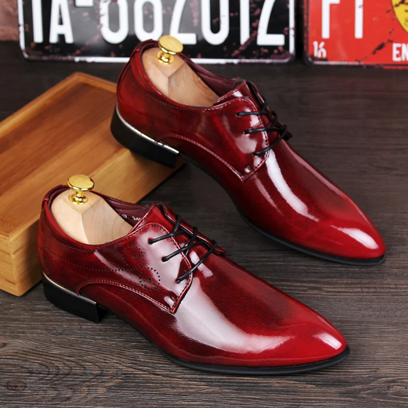 

men's fashion patent leather shoes party nightclub dress black blue red lace-up derby oxfords shoe young gentleman footwear mans