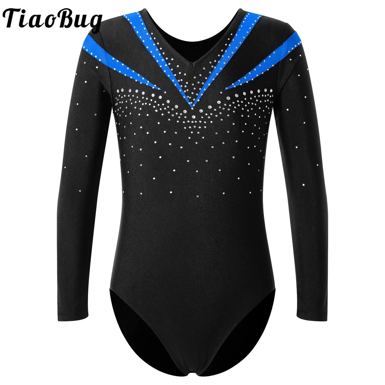 

Kids Girls V Neck Ballet Leotard Athletic Gymnastic Rhinestone Long Sleeve Unitard Figure Skating Bodysuit Ballet Dance Suit