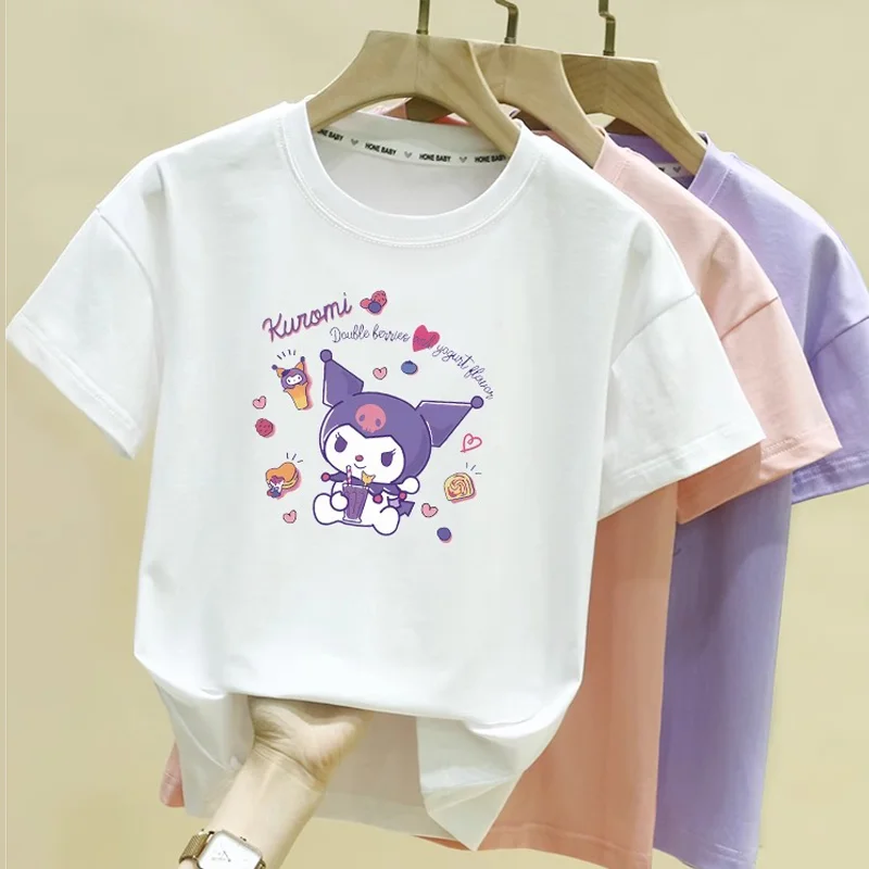 

Детские топы Sanrio Kuromi, Милая футболка с аниме-рисунком, хлопковая Футболка с круглым вырезом и коротким рукавом для мальчиков и девочек, модная летняя одежда