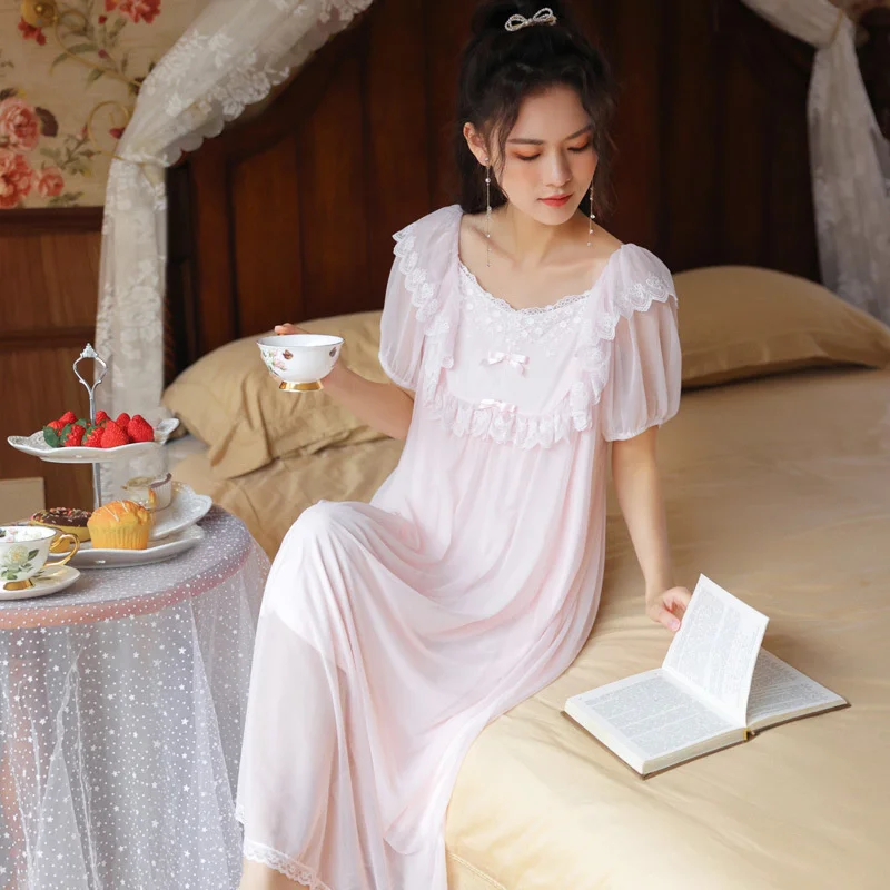 Summer Night Dress Women Cotton Mesh Short Sleeve Pink Vintage Nightwear Long Nightgowns Peignoir Victorian Princess Sleepwear