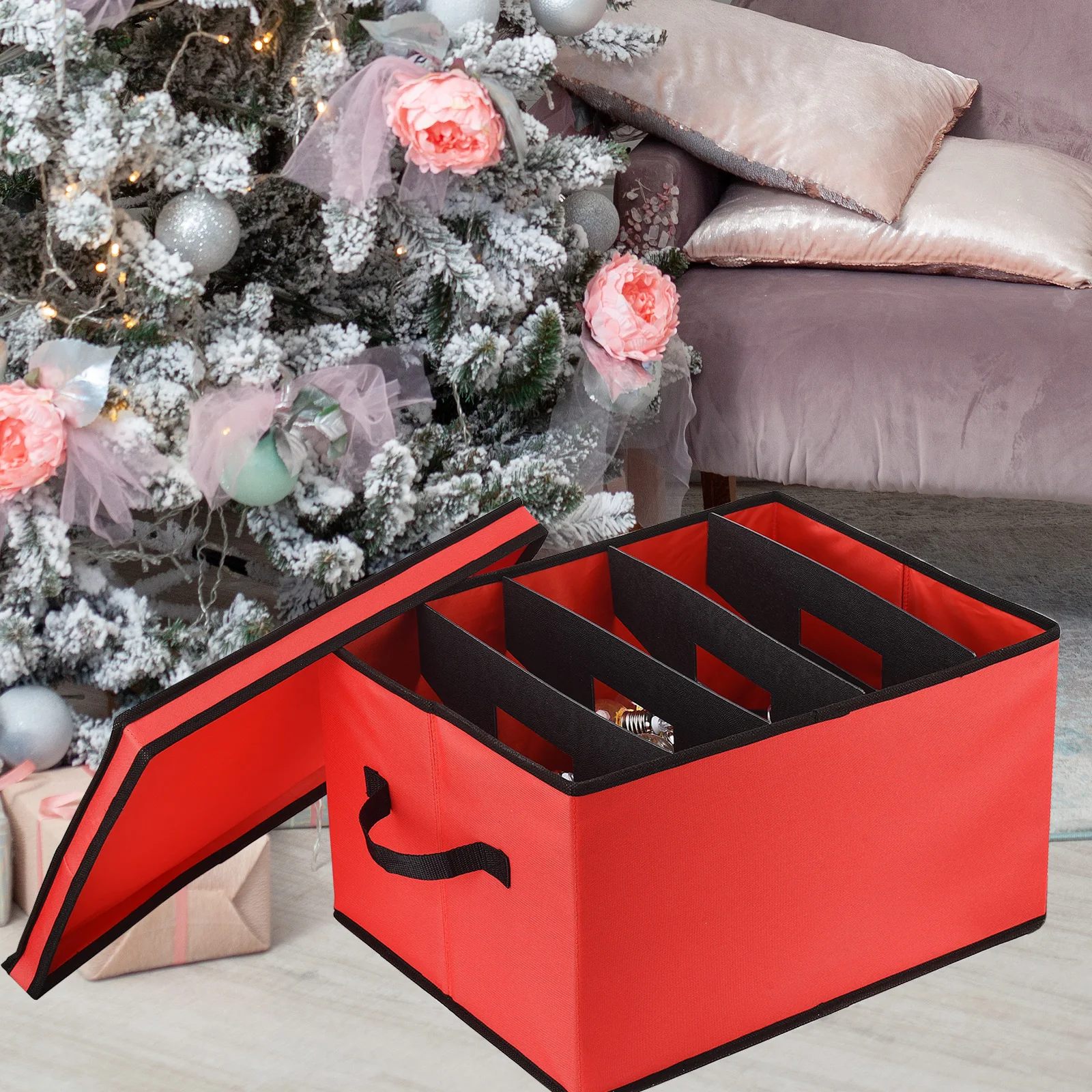 

Christmas Storage Box Xmas Lights Storage Bin Case Red 600D Oxford Holiday Bauble Organizer Divider